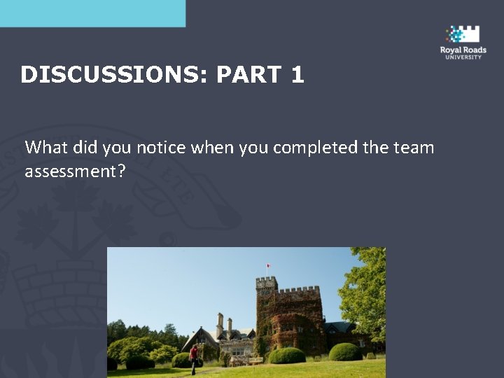 DISCUSSIONS: PART 1 What did you notice when you completed the team assessment? 