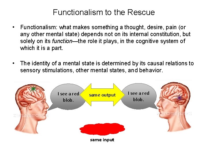 Functionalism to the Rescue • Functionalism: what makes something a thought, desire, pain (or