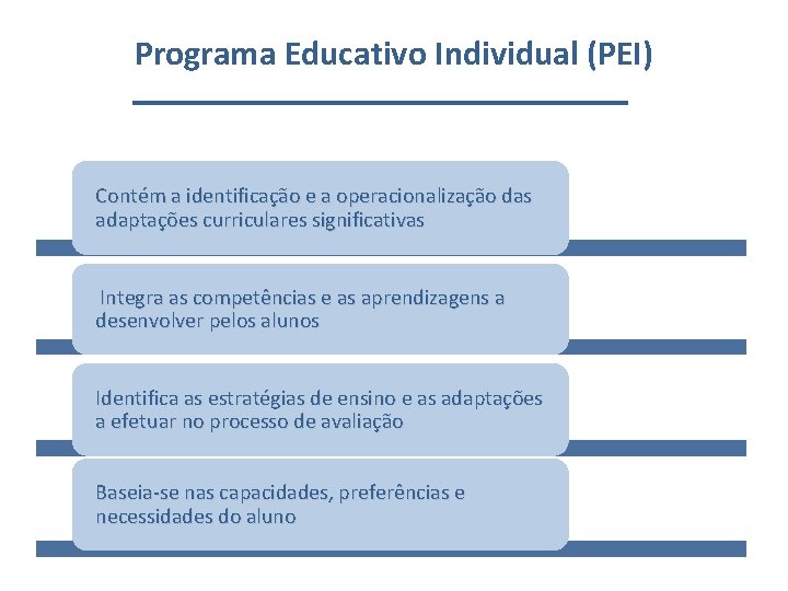 Programa Educativo Individual (PEI) Contém a identificação e a operacionalização das adaptações curriculares significativas
