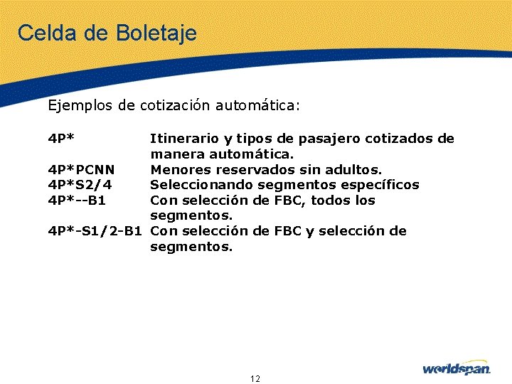 Celda de Boletaje Ejemplos de cotización automática: 4 P* Itinerario y tipos de pasajero