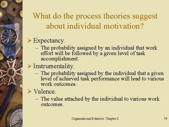 What do the process theories suggest about individual motivation? Ø Expectancy. – The probability