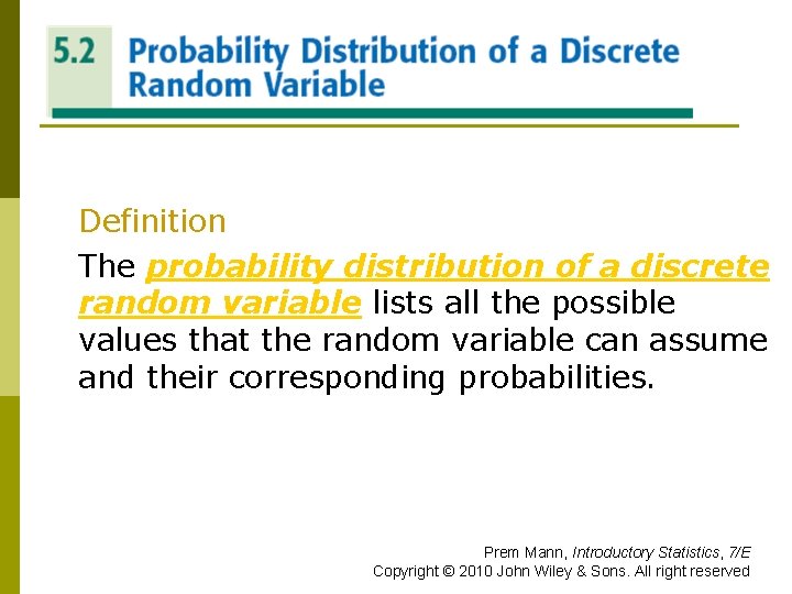 PROBABLITY DISTRIBUTION OF A DISCRETE RANDOM VARIABLE Definition The probability distribution of a discrete