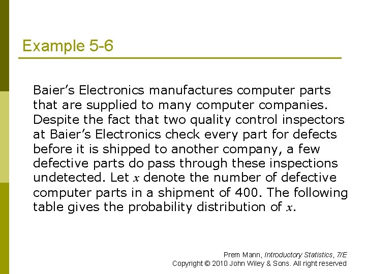 Example 5 -6 Baier’s Electronics manufactures computer parts that are supplied to many computer