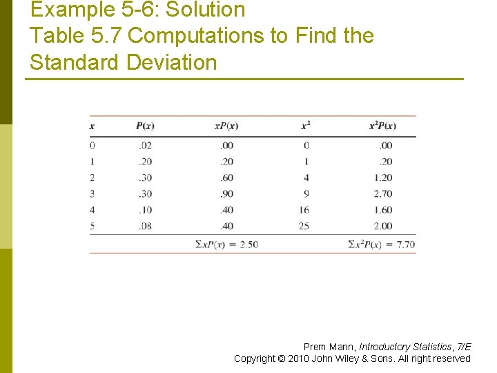 Example 5 -6: Solution Table 5. 7 Computations to Find the Standard Deviation Prem