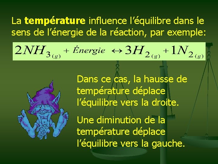 La température influence l’équilibre dans le sens de l’énergie de la réaction, par exemple: