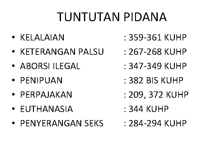 TUNTUTAN PIDANA • • KELALAIAN KETERANGAN PALSU ABORSI ILEGAL PENIPUAN PERPAJAKAN EUTHANASIA PENYERANGAN SEKS