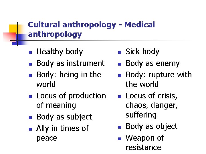 Cultural anthropology - Medical anthropology n n n Healthy body Body as instrument Body: