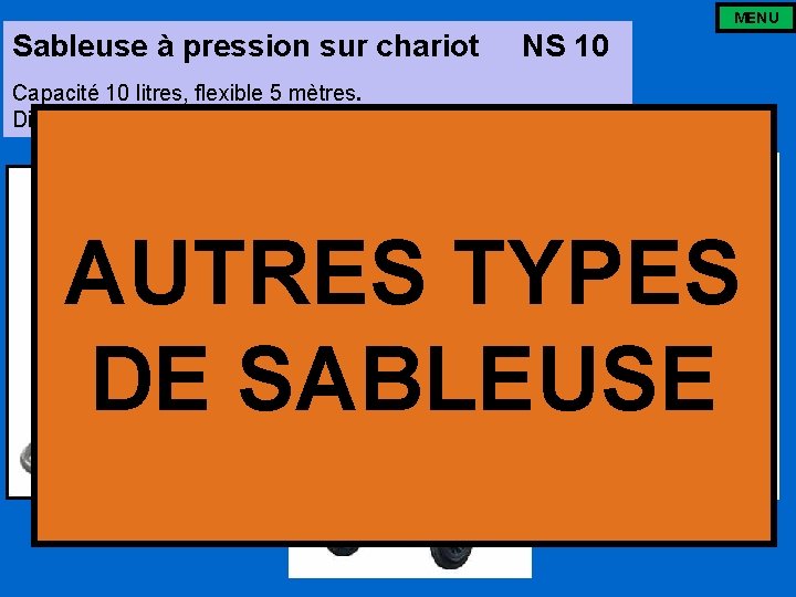 MENU Sableuse à pression sur chariot NS 10 Capacité 10 litres, flexible 5 mètres.