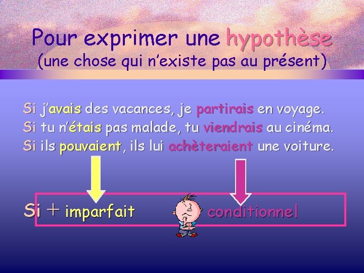 Pour exprimer une hypothèse (une chose qui n’existe pas au présent) Si j’avais des