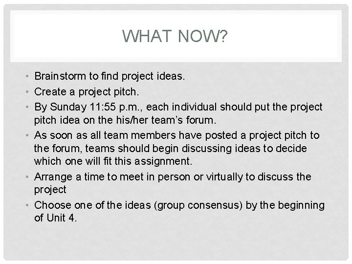 WHAT NOW? • Brainstorm to find project ideas. • Create a project pitch. •
