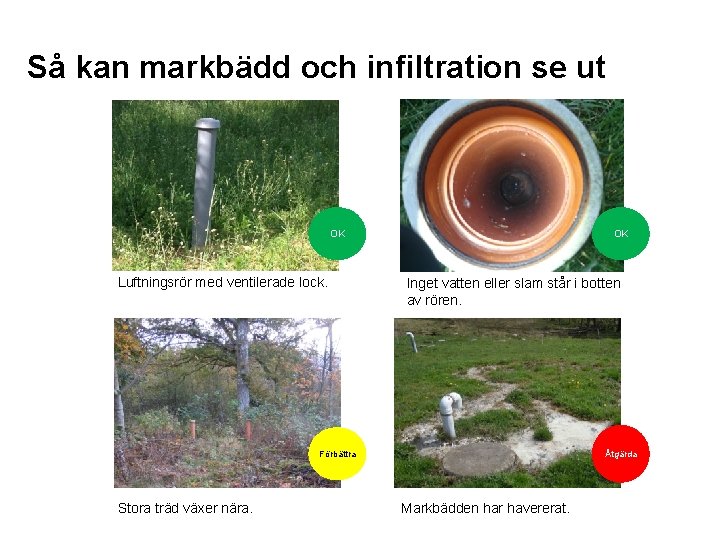 Så kan markbädd och infiltration se ut OK Luftningsrör med ventilerade lock. OK Inget