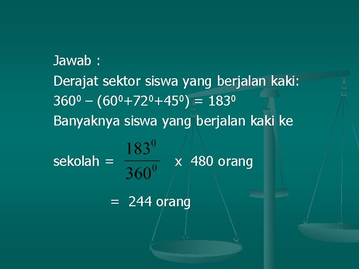 Jawab : Derajat sektor siswa yang berjalan kaki: 3600 – (600+720+450) = 1830 Banyaknya