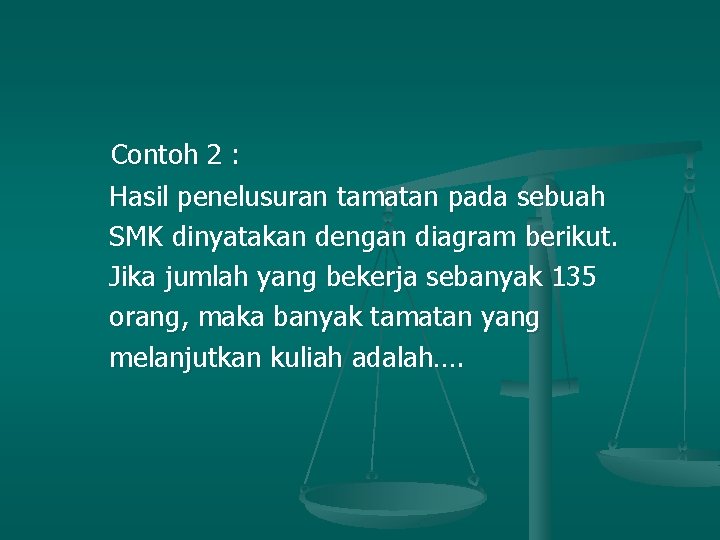 Contoh 2 : Hasil penelusuran tamatan pada sebuah SMK dinyatakan dengan diagram berikut. Jika