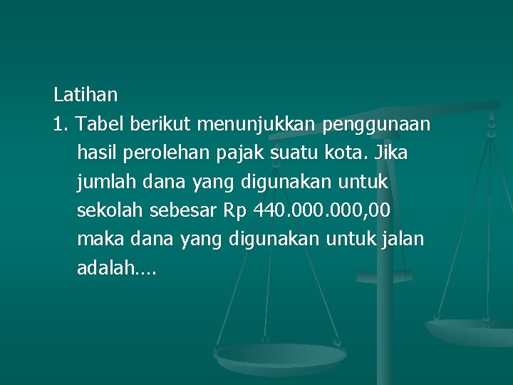 Latihan 1. Tabel berikut menunjukkan penggunaan hasil perolehan pajak suatu kota. Jika jumlah dana