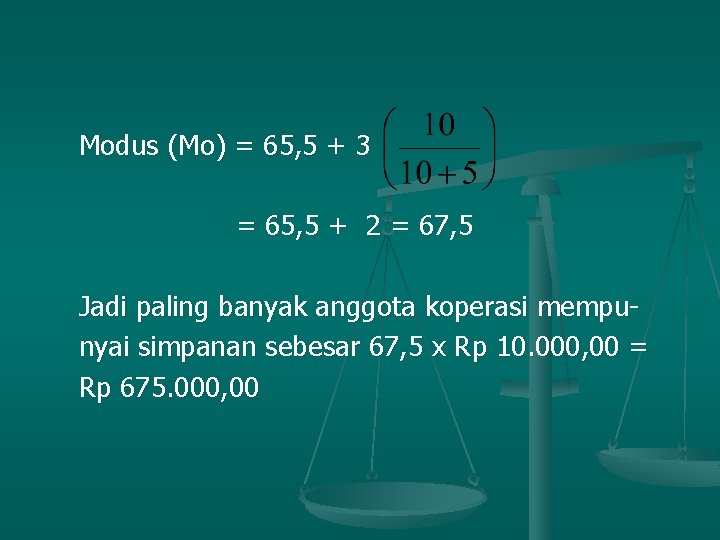 Modus (Mo) = 65, 5 + 3 = 65, 5 + 2 = 67,