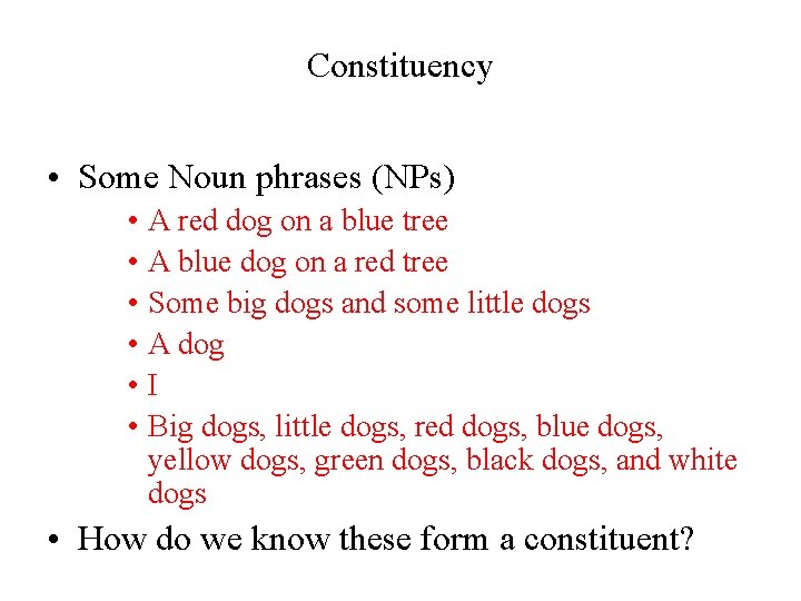 Constituency • Some Noun phrases (NPs) • A red dog on a blue tree