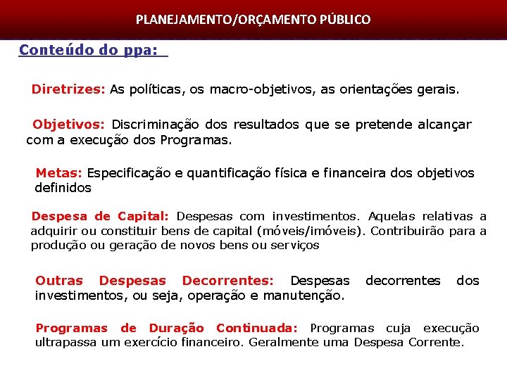 Plano Plurianual - PPA PLANEJAMENTO-Orçamento Público PLANEJAMENTO/ORÇAMENTO PÚBLICO Conteúdo do ppa: Diretrizes: As políticas,