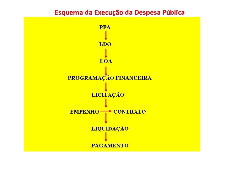 Esquema da Execução da Despesa Pública PPA LDO LOA PROGRAMAÇÃO FINANCEIRA LICITAÇÃO EMPENHO CONTRATO