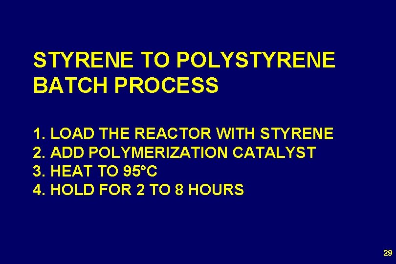 STYRENE TO POLYSTYRENE BATCH PROCESS 1. LOAD THE REACTOR WITH STYRENE 2. ADD POLYMERIZATION