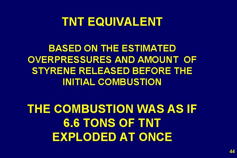 TNT EQUIVALENT BASED ON THE ESTIMATED OVERPRESSURES AND AMOUNT OF STYRENE RELEASED BEFORE THE