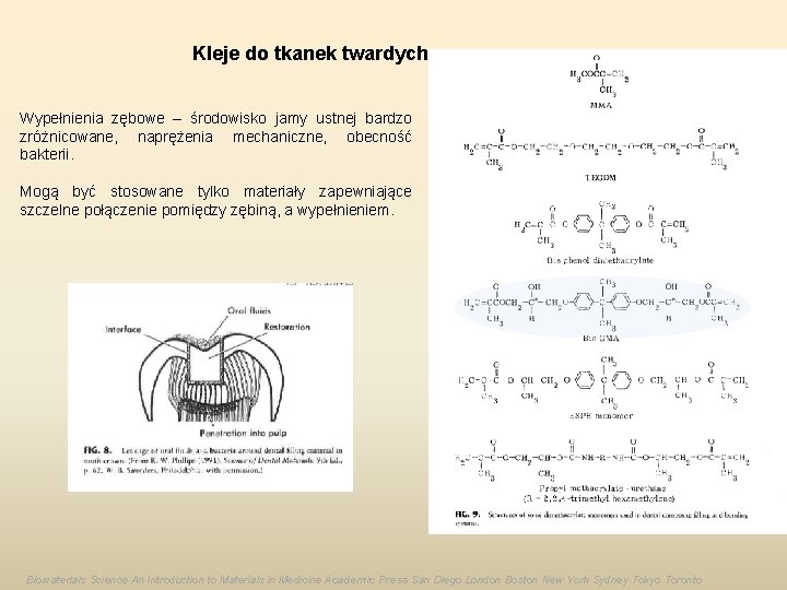 Kleje do tkanek twardych Wypełnienia zębowe – środowisko jamy ustnej bardzo zróżnicowane, naprężenia mechaniczne,