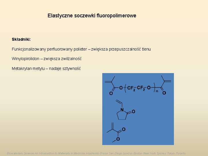 Elastyczne soczewki fluoropolimerowe Składniki: Funkcjonalizowany perfluorowany polieter – zwiększa przepuszczalność tlenu Winylopirolidon – zwiększa