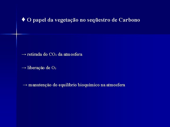 ♦ O papel da vegetação no seqüestro de Carbono → retirada do CO 2