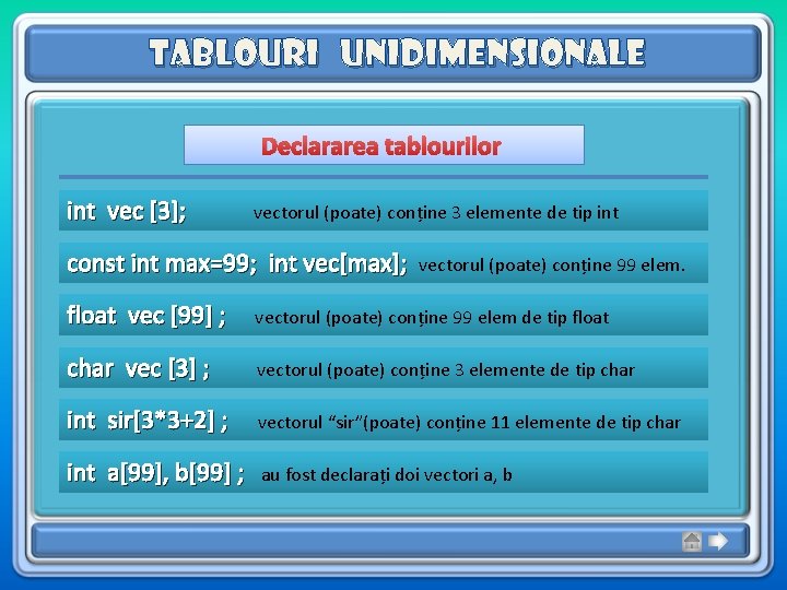 Tablouri unidimensionale Declararea tablourilor int vec [3]; vectorul (poate) conține 3 elemente de tip