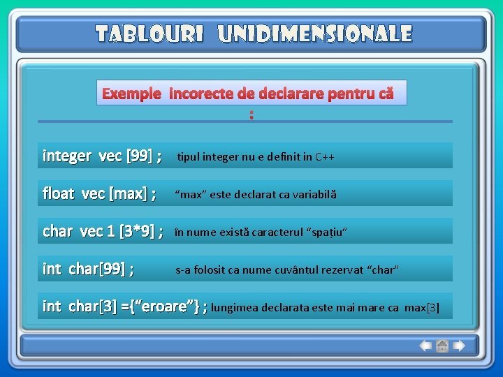 Tablouri unidimensionale Exemple incorecte de declarare pentru că : integer vec [99] ; tipul