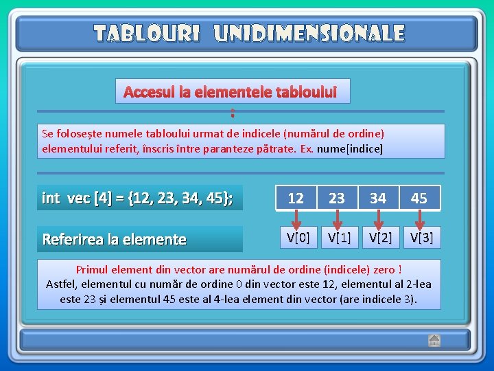 Tablouri unidimensionale Accesul la elementele tabloului : Se folosește numele tabloului urmat de indicele Tablouri unidimensionale Accesul la elementele tabloului : Se folosește numele tabloului urmat de indicele