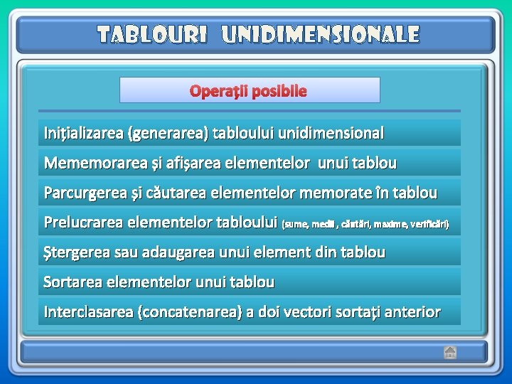 Tablouri unidimensionale Operații posibile Inițializarea (generarea) tabloului unidimensional Mememorarea și afișarea elementelor unui tablou Tablouri unidimensionale Operații posibile Inițializarea (generarea) tabloului unidimensional Mememorarea și afișarea elementelor unui tablou