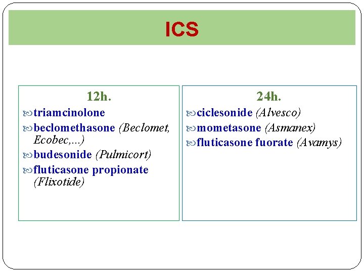 ICS 12 h. triamcinolone beclomethasone (Beclomet, Ecobec, . . . ) budesonide (Pulmicort) fluticasone