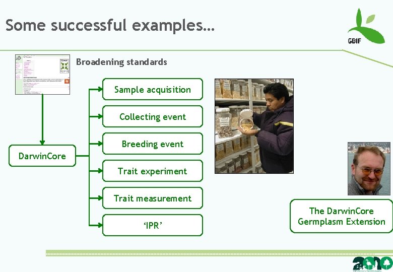 Some successful examples… Broadening standards Sample acquisition Collecting event Breeding event Darwin. Core Trait