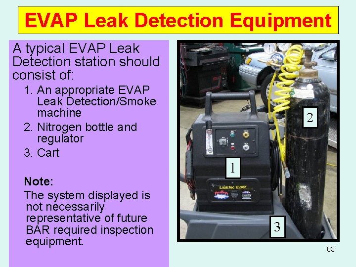 EVAP Leak Detection Equipment A typical EVAP Leak Detection station should consist of: 1.