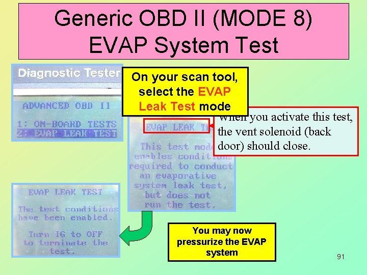 Generic OBD II (MODE 8) EVAP System Test On your scan tool, select the