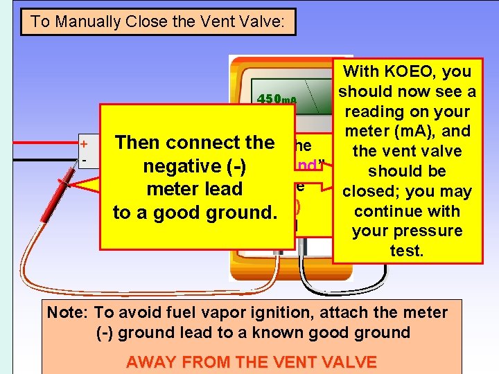To Manually Close the Vent Valve: + - With KOEO, you should now see
