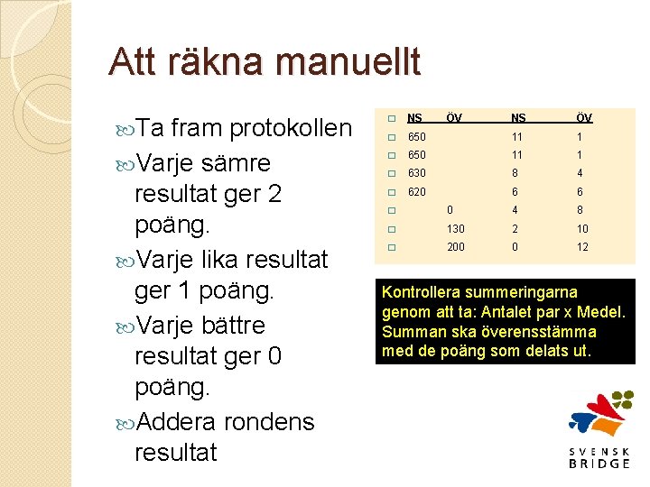 Att räkna manuellt Ta fram protokollen � NS � Varje sämre resultat ger 2