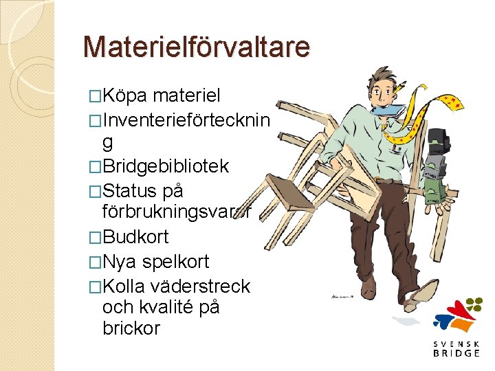 Materielförvaltare �Köpa materiel �Inventerieförtecknin g �Bridgebibliotek �Status på förbrukningsvaror �Budkort �Nya spelkort �Kolla väderstreck