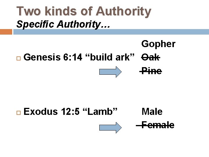 Two kinds of Authority Specific Authority… Gopher Genesis 6: 14 “build ark” Oak Pine