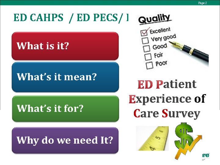 Page 2 ED CAHPS / ED PECS/ HCAPS atient ED Patient xperience of Experience