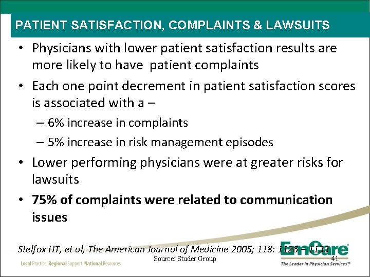 PATIENT SATISFACTION, COMPLAINTS & LAWSUITS • Physicians with lower patient satisfaction results are more