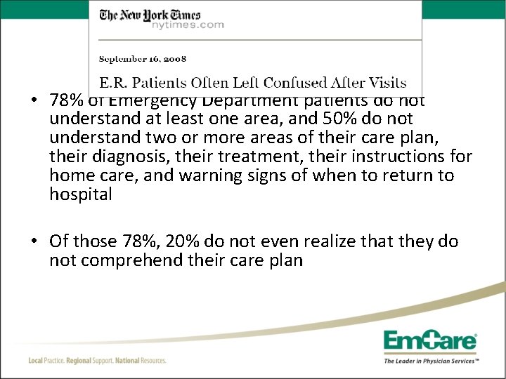  • 78% of Emergency Department patients do not understand at least one area,