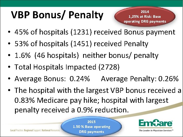 VBP Bonus/ Penalty • • • 2014 1, 25% at Risk: Base operating DRG