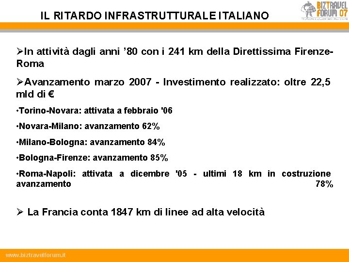 IL RITARDO INFRASTRUTTURALE ITALIANO ØIn attività dagli anni ’ 80 con i 241 km
