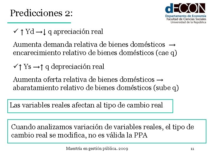 Predicciones 2: ü ↑ Yd →↓ q apreciación real Aumenta demanda relativa de bienes