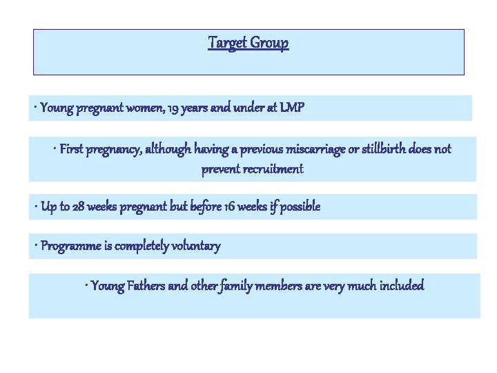 Target Group • Young pregnant women, 19 years and under at LMP • First