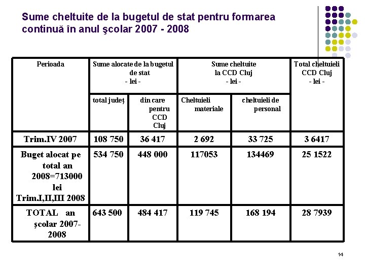 Sume cheltuite de la bugetul de stat pentru formarea continuă în anul şcolar 2007