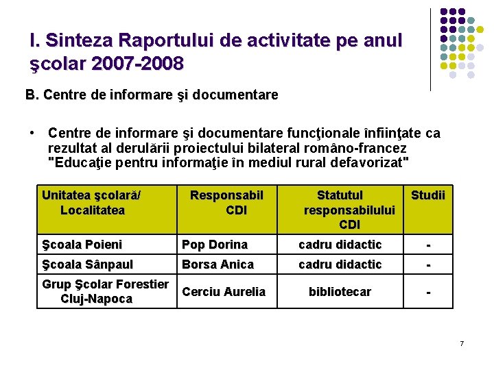 I. Sinteza Raportului de activitate pe anul şcolar 2007 -2008 B. Centre de informare