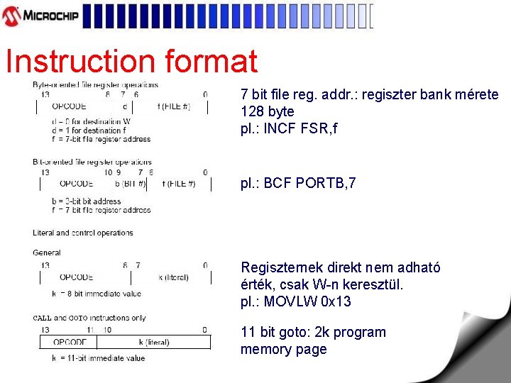 Instruction format 7 bit file reg. addr. : regiszter bank mérete 128 byte pl.