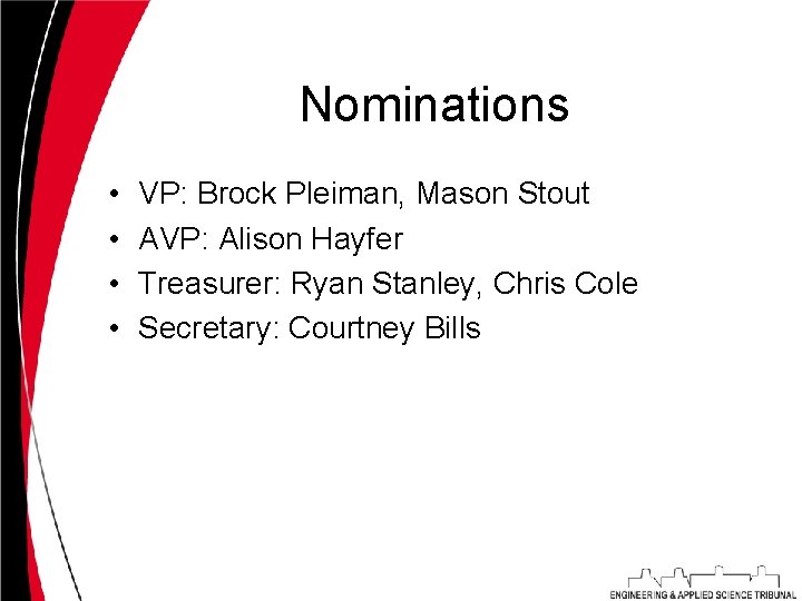 Nominations • • VP: Brock Pleiman, Mason Stout AVP: Alison Hayfer Treasurer: Ryan Stanley,